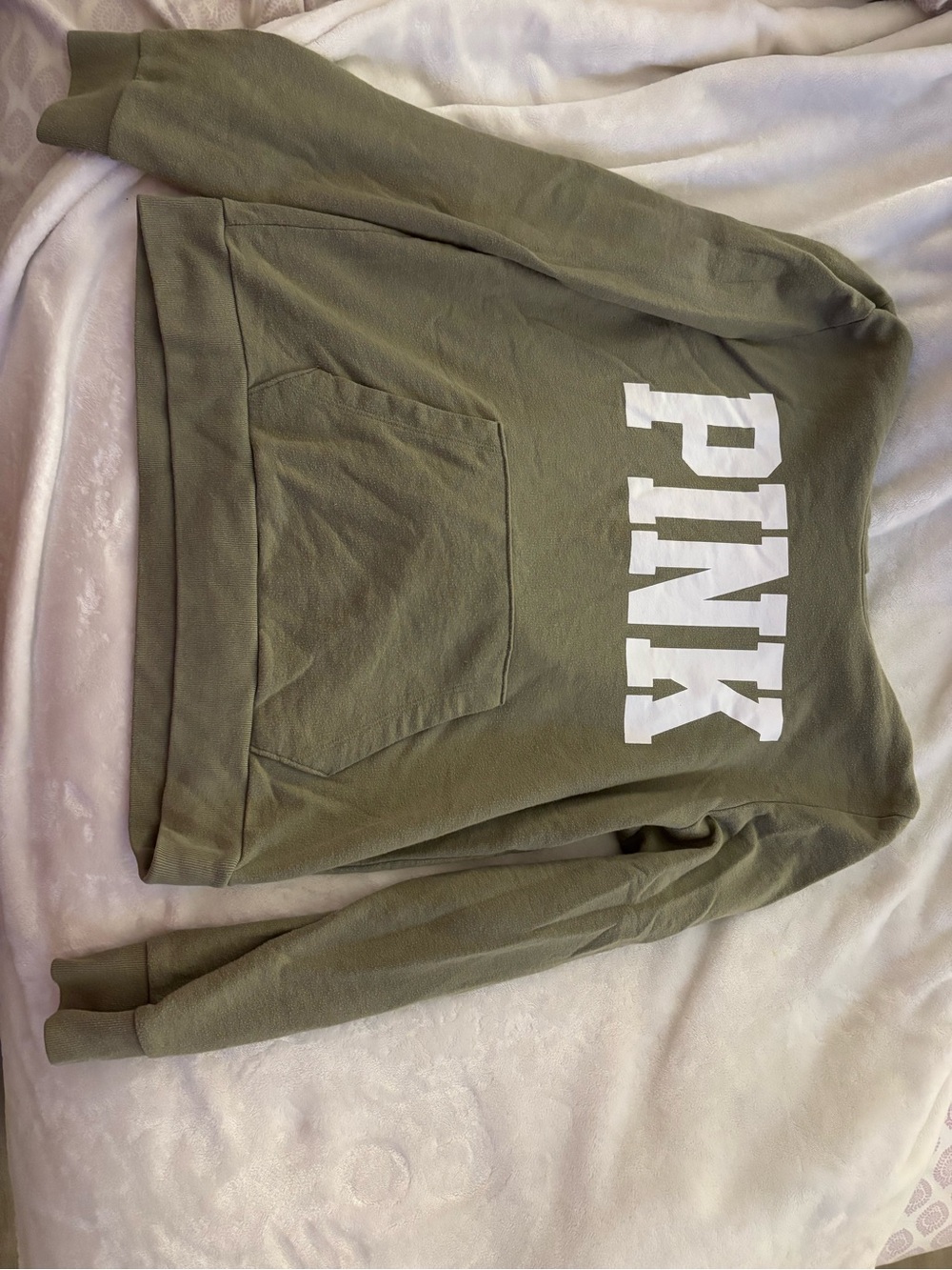 PINK Olive Green Hoodie with White Tag Detail